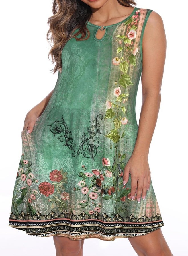 elescat Summer Dresses for Women Casual Sleeveless Sundress Floral Loose Fit Beach Cover Up with Pocket（Dark Sea Green, S - Image 1